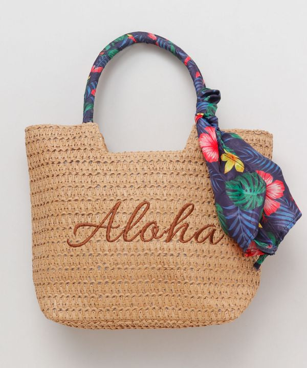 ハワイアン スカーフ付き かご風ミニトートバッグ ALOHA刺繍 軽量 BEIGE