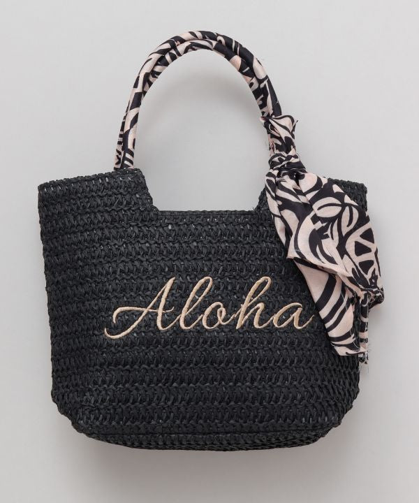 スカーフ付きハワイアン かご風ミニトートバッグ ブラック ALOHA刺繍入り