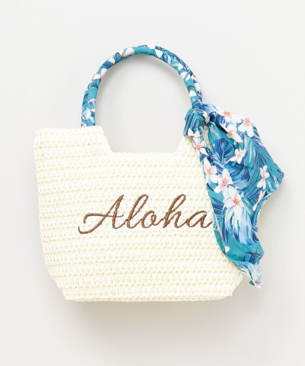 スカーフ付きハワイアン かご風ミニトートバッグ ホワイト ALOHA刺繍入り