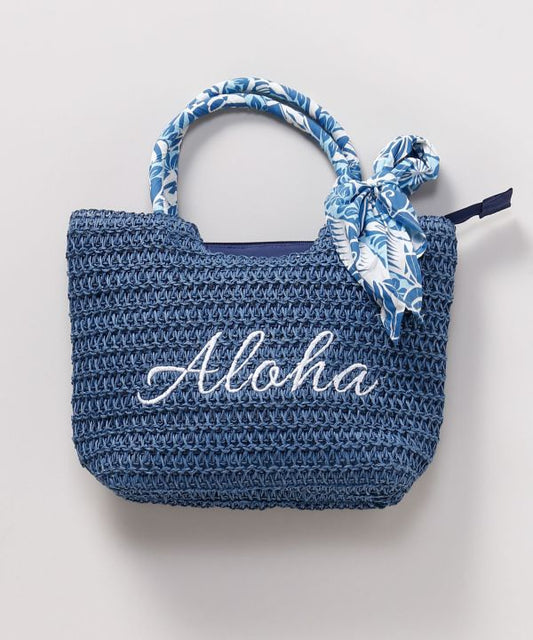 ハワイアン スカーフ付き かご風ミニトートバッグ ALOHA刺繍 軽量 NAVY