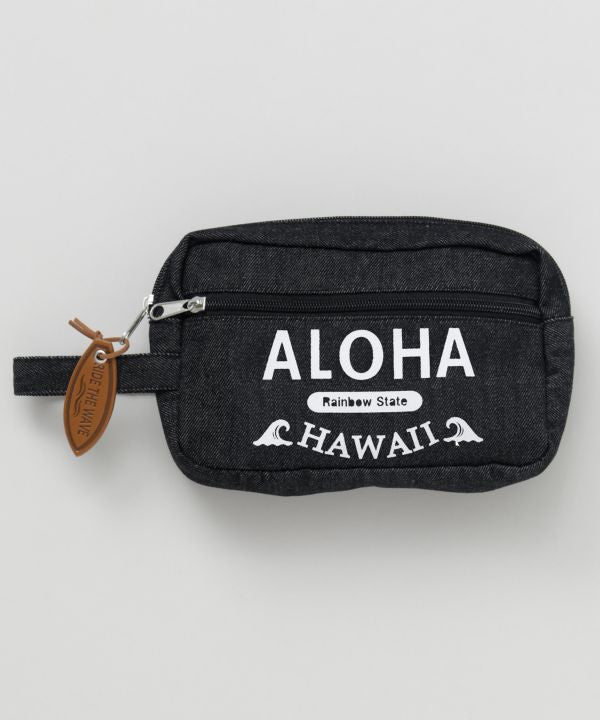 ALOHA HAWAII ロゴ入りデニムポーチ 持ち手付き 小物収納ポーチ 正面デザイン