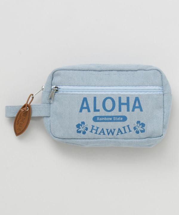 ALOHA HAWAII ロゴ入りデニムポーチ｜持ち手付き 小物収納