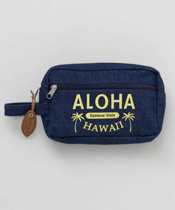ALOHA HAWAII ロゴ入りデニムポーチ｜持ち手付き 小物収納