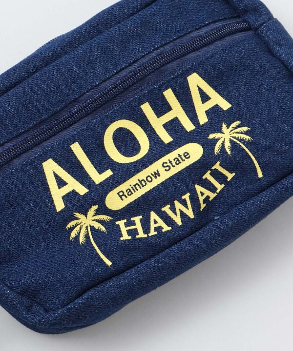 ALOHA HAWAII ロゴ入りデニムポーチ｜持ち手付き 小物収納