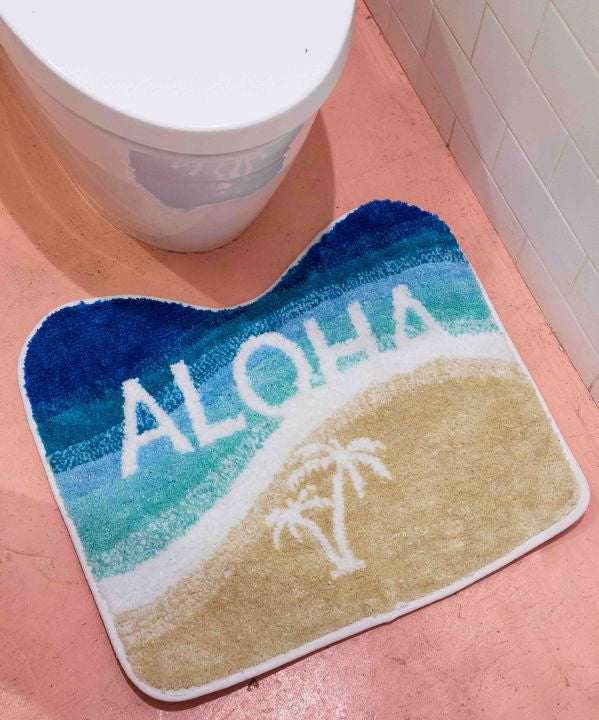 ALOHAロゴとビーチ柄のブルー×砂浜グラデーショントイレマット