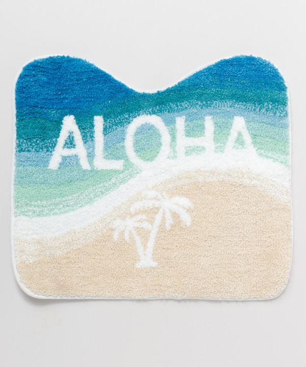 ALOHAロゴとビーチ柄のブルー×砂浜グラデーショントイレマット