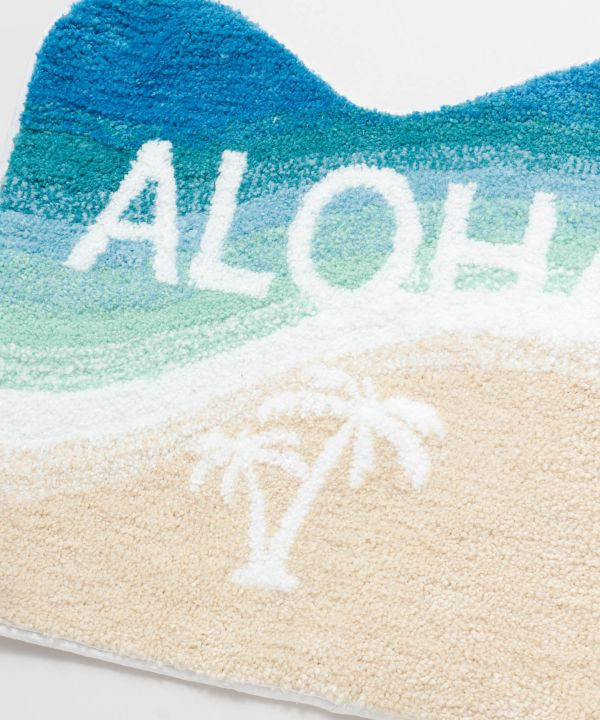 ALOHAロゴとビーチ柄のブルー×砂浜グラデーショントイレマット