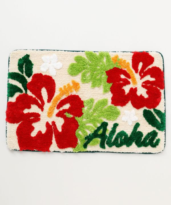 レッドのハイビスカスとALOHAロゴがデザインされたハワイアンパイルマット