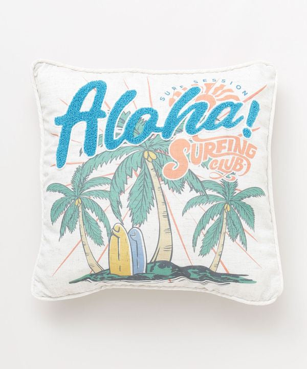 ALOHAロゴのさがら刺しゅうとヤシの木がデザインされたハワイアン風クッションカバー