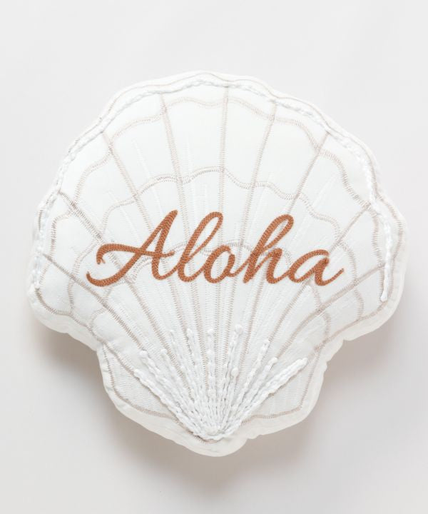 ALOHA刺繍入り シェル型ハワイアンクッション ホワイト ベロア素材