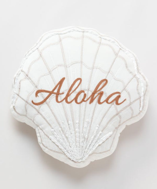 ALOHA刺繍入り シェル型ハワイアンクッション ホワイト ベロア素材