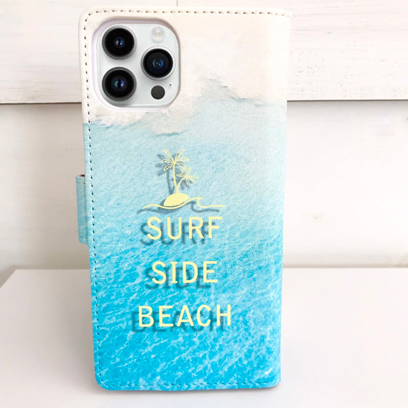 iphoneケース ハワイアンブックタイプ サーフィン写真 きれいな海 サーファーフォト リゾートビーチ