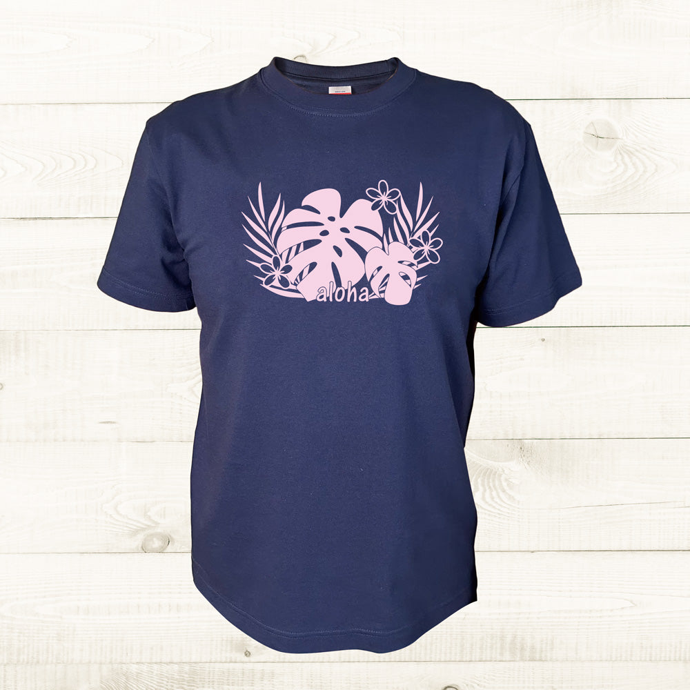 ハワイアンデザインTシャツ MONSTERA NAVY　ユニセックスサイズ