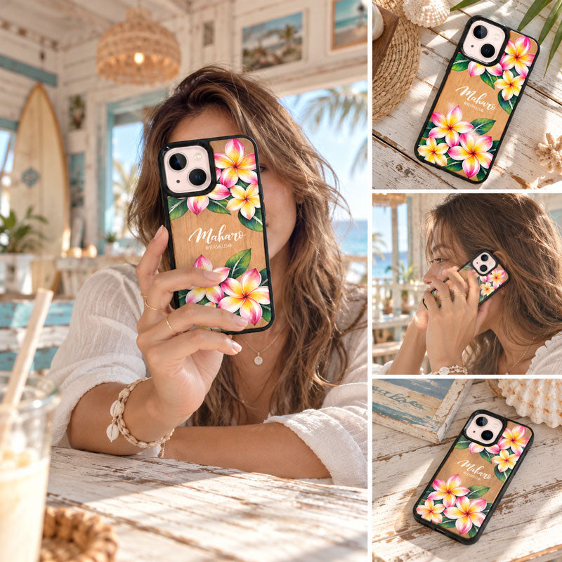 iphoneケース 木製 プルメリ ハワイアン