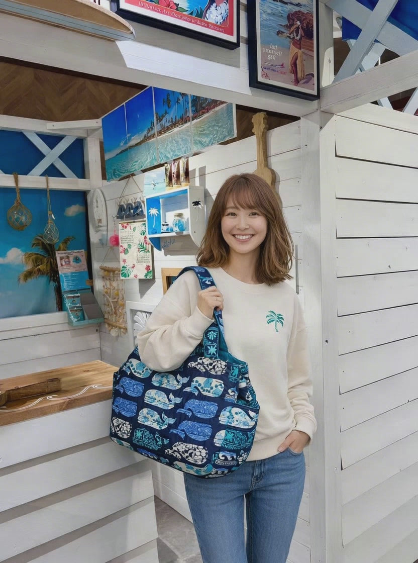 中綿キルティング ビッグトートバッグ 大容量56cm ハワイアン柄 巾着