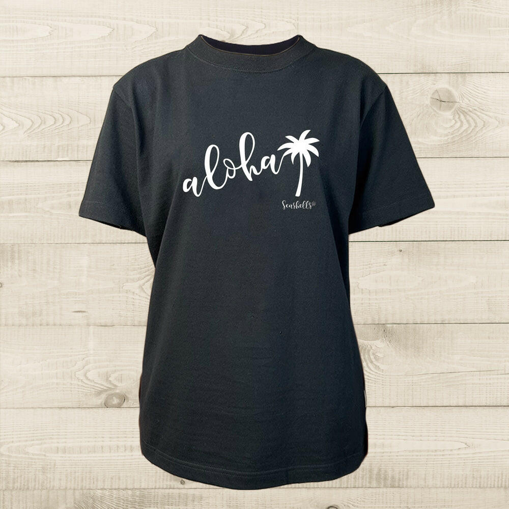 ハワイアンデザインTシャツ alohaPALM ユニセックスサイズ BLACK.