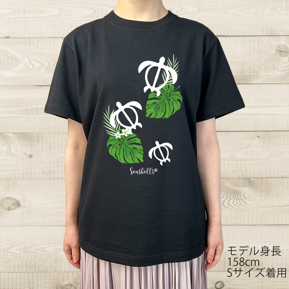 ハワイアンデザインTシャツ HONU＆MONSTERA PINK　ユニセックスサイズ BLACK