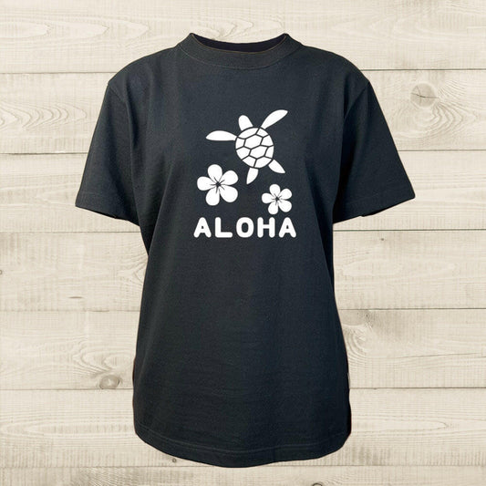 ハワイアンデザインTシャツ HONU　PLMERIA　ユニセックスサイズ BLACK.