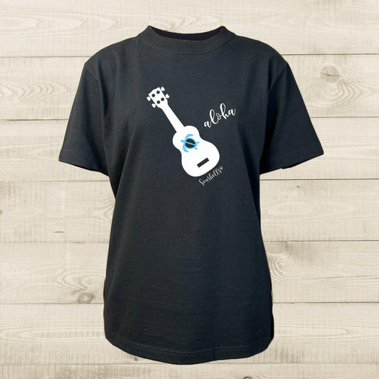 ハワイアンデザインTシャツ UKULELE　BLACK　ユニセックスサイズ BLACK.