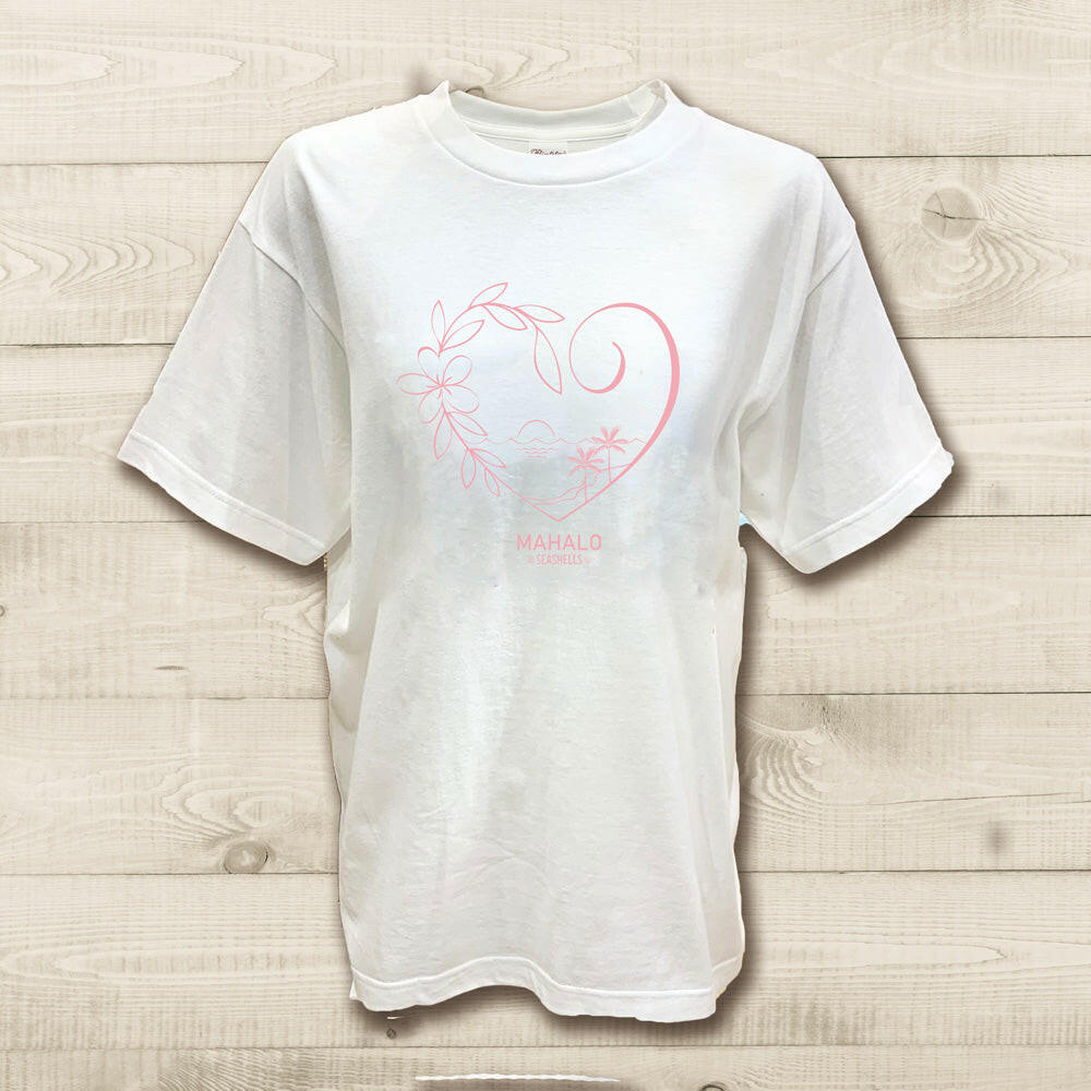 ハワイアンデザインTシャツ HEART PLMERIA PINK　ユニセックスサイズ.