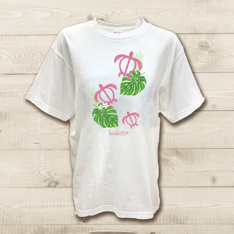 ハワイアンデザインTシャツ HONU＆MONSTERA PINK　ユニセックスサイズ