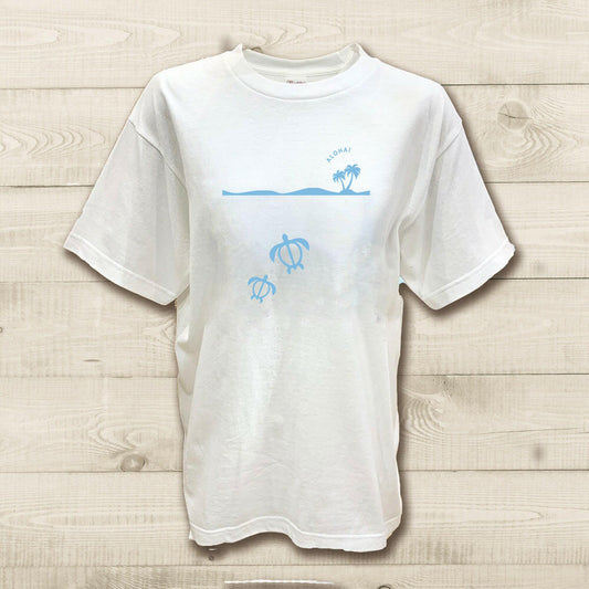 ハワイアンデザインTシャツ HONU　PALM SKYBLUE　ユニセックスサイズ.