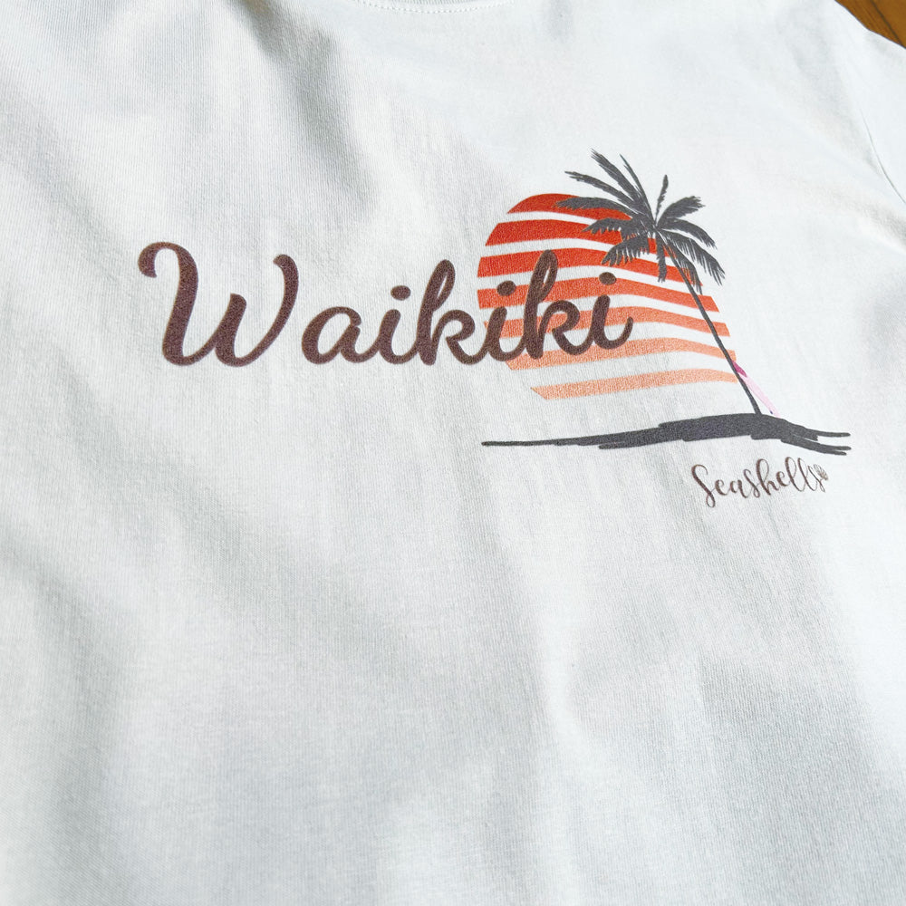 ハワイアンデザインTシャツ SUNSET PALM　ユニセックスサイズ サンドベージュ