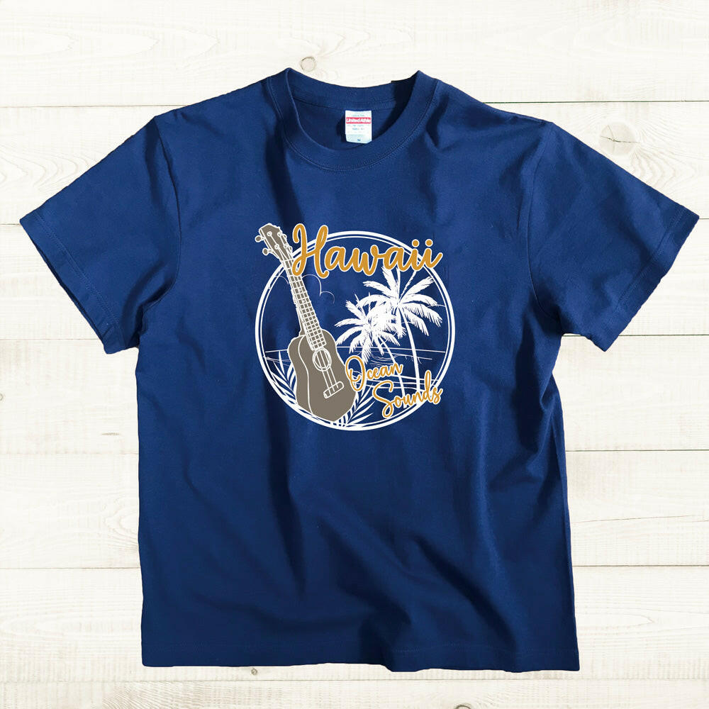 ハワイアンデザインTシャツ ukulele　ユニセックスサイズ NAVY.