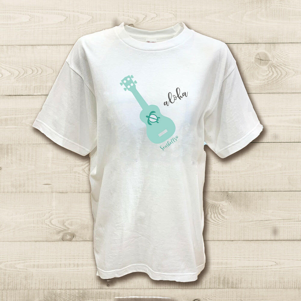 ハワイアンデザインTシャツ UKULELE　PASTEL　GREEN　ユニセックスサイズ.