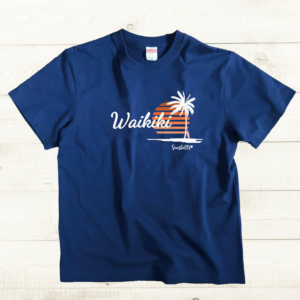 ハワイアンデザインTシャツ SUNSET PALM　ユニセックスサイズ NAVY.