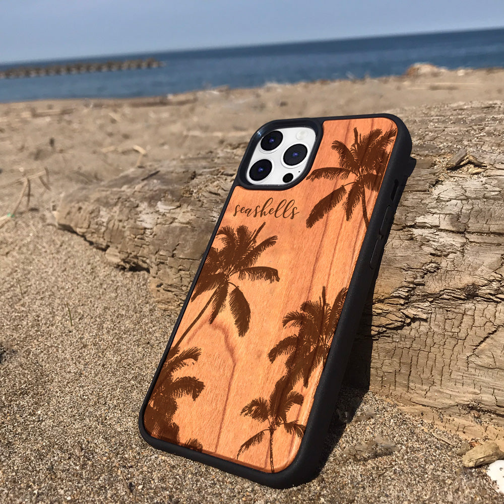 iphoneウッドパネルケース ヤシの木のシルエット ハワイアンパームツリーデザイン